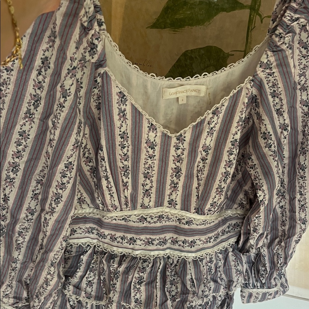 LoveShackFancy Striped Floral Blouse - Purple and Cream